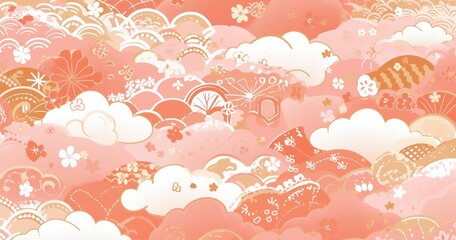 Wall Mural - Clouds pattern, pink background with white cloud patterns and gold decoration, in the Japanese style.