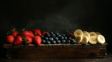 An Artistic Depiction Of A Patriotic Fruit Arrangement Featuring Strawberries, Blueberries, And Bananas On A Rustic Tray, Shaped Like The American Flag