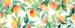 peaches and leaves pattern, white background, watercolor.