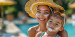 Mother and daughter, woman and child with sunscreen on her faces. Sun safety for summer, sun protection factor, skincare, spf cosmetology and beauty concept with copy space.