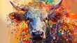 A painting of a cow with colorful dots on it.