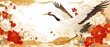 golden patterns and red flowers. A Japanese style patterned white crane flying in the sky in the style of traditional Chinese decorative borders on both sides of a simple watercolor style