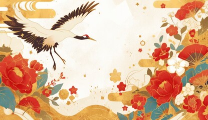 Wall Mural - golden patterns and red flowers. A Japanese style patterned white crane flying in the sky in the style of traditional Chinese decorative borders on both sides of a simple watercolor style