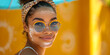 Close up portrait of young woman in a sunglasses with sunscreen on her face. Sun safety for summer, sun protection factor, skincare, spf cosmetology and beauty concept.