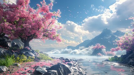 Wall Mural - Mountain lake surrounded by cherry blossoms