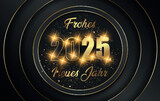 Fototapeta Tęcza - Karte oder Banner, um ein frohes neues Jahr 2025 in Gold und Schwarz zu wünschen, mit glitzernden Sternen in vier goldenen Kreisen auf schwarzem Hintergrund