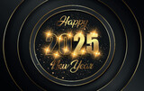 Fototapeta Tęcza - card or banner to wish a happy new year 2025 in gold and black with glittering stars in four gold circles on a black background
