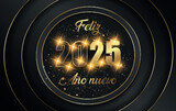 Fototapeta Tęcza - NY 2024 - 11 cercle or et noir - ALtarjeta o pancarta para desear un feliz año nuevo 2025 en dorado y negro con estrellas brillantes en cuatro círculos dorados sobre fondo negro