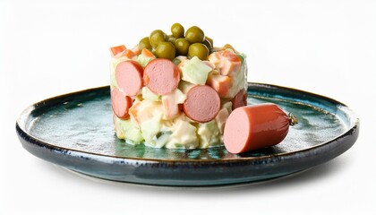 Canvas Print - tasty olivier salad with boiled sausage isolated on white