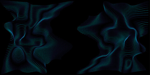 Poster - Abstract flowing dots particles wave pattern Dynamic blue green glowing wavy lines. Futuristic digital technology background. Vector illustration of neural network and data learning consept