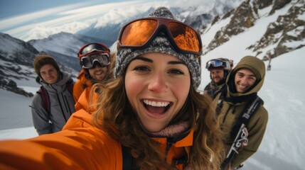 Wall Mural - A group of friends skiing down a snowy mountain