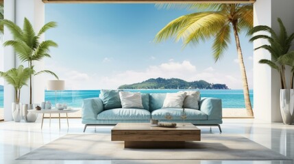 Modern beach house interior with blue sofa and ocean view