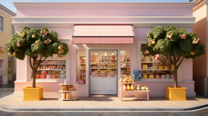 Canvas Print - Small business storefront with pink awning and yellow trees