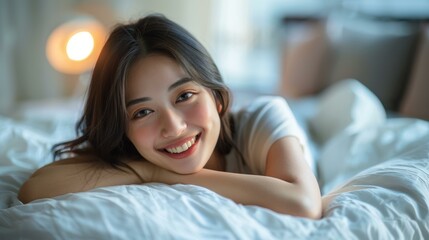 A beautiful Asian woman is smiling while lying on a bed.