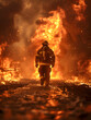 A firefighter is facing a hazardous wildfire with flames, smoke, and heat