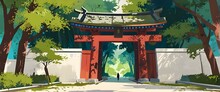 Entrance Gate To Asian Temple In Lush Maple Forest, Clever Painterly Style Illustration With Thick Brush Stroke Texture. Illustration. Generative AI