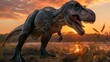 Majestic Tyrannosaurus rex stands near a river with a beautiful sunrise illuminating the scene