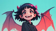 A cheerful vampire girl with big eyes and a toothy grin isolated on blue, cute halloween character