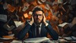 © Bilal - Tired and stressed businessman sitting at his desk in office with piles of documents flying around him