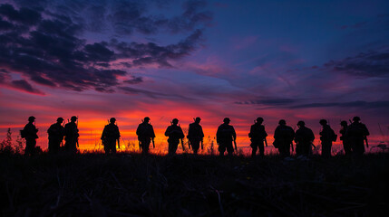 Poster - A group of soldiers standing in the field at sunset.