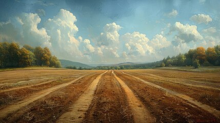 A painting of a field with a cloudy sky