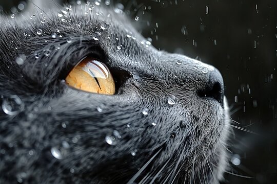 A gray cat with wet fur sits outside in the rain. Raindrops decorate its face as it gazes attentively. The background is a solid black color, with no buildings in sight
