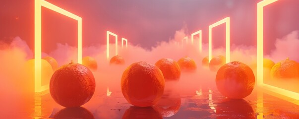 Canvas Print - 3d neon orange background in fog.