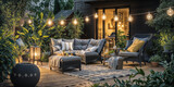 Fototapeta  - Cozy Backyard Patio with String Lights. Garden Outdoor Relaxation. Inviting patio with comfortable furniture, string lights, and lush greenery, creating a relaxing ambiance for summer outdoor evenings