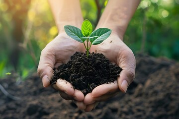 hands holding tiny plant in ground, concept of life care on earth and nature protection, environment day wallpaper