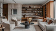 © Rehmat - A cozy modern living room with plush furniture surrounding a sleek wood floating shelf, adorned with curated decor items