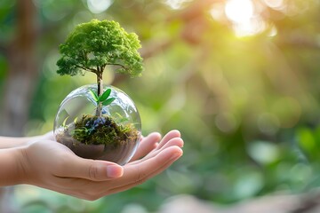 hands holding glass sphere with small tree grow through it , concept of life care on earth and natur