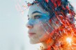 © pawimon - The image shows a beautiful woman with blue and orange hair. She is looking to the right of the frame. Her face is partially covered by a blue and orange flower.
