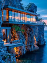 Wall Mural - A house on the edge of a cliff overlooking the ocean.