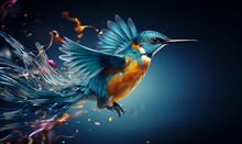 Striking Digital Art Representation Of A Kingfisher With Vibrant, Fiery Wings Midflight, Set Against A Dark, Moody Background, Showcasing The Beauty Of Nature With A Creative Twist
