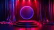 3D stage podium with red light spotlight and velvet curtain. Concept Theatre Design, Stage Lighting, Red Velvet Curtain, 3D Podium Design, Spotlight Effect