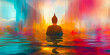 Buddha statue against a blurred urban backdrop, the motion blur symbolizes the bustling world around the serene focus of meditation. Vesak day