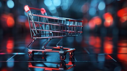 An artistic interpretation of a shopping cart illuminated by red neon lights, symbolizing online commerce and digital shopping