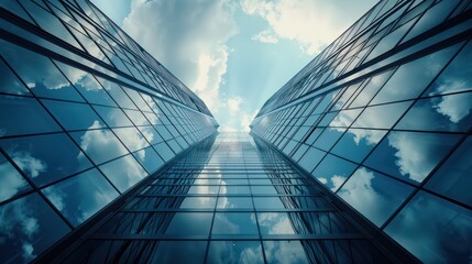 Wall Mural - a worm's-eye view capturing modern skyscrapers with reflective glass against a blue sky with clouds