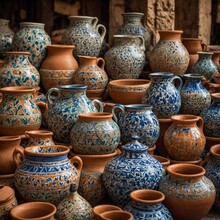 Many Clay Pots Of Different Sizes, Shapes Stacked On Top Of Each Other, Filling Frame. Pots Decorated With Intricate Blue, White Patterns, Some Floral, Some Geometric. Background Dark, Blurry.