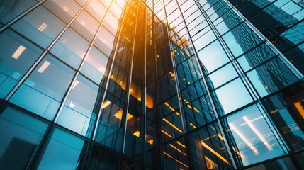 Wall Mural - the golden hour's light reflects on the glass facade of a modern skyscraper, conveying warmth and pr