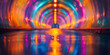 Neon Glow Curved Corridor. Abstract colorful tunnel with neon lights
