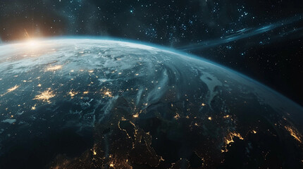 Wall Mural - Panoramic view on planet Earth globe from space. Glowing city lights, light clouds.