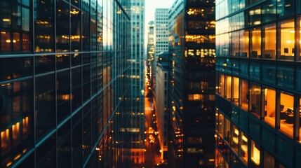 Wall Mural - the blurred perspective of a city street seen between high glass buildings creates an urban, bustlin