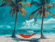 A Hammock Strung Between Two Palm Trees, Gently Rocking In The Ocean Breeze