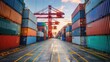 © Matthew - Clear day at a container terminal with an overhead crane moving vibrant red and blue containers