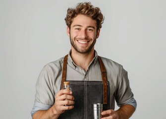 Wall Mural - Bearded bartender holding cocktail with lemon in hand, on white background. Confident expression of barman or party host isolated over white wall.