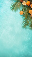 Summer background of Tropical fruits floating in a blue pool