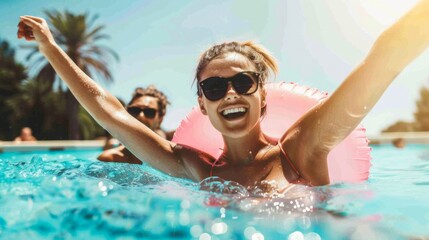 Summer background of Woman in pool wearing sunglasses and holding a pink floatie
