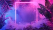 © Penatic Studio - Tropical leaves and glowing neon frame on colorful smoke background.
