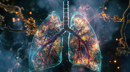 Disease-affected lungs on a blue background, lungs with oncology, lung disease concept